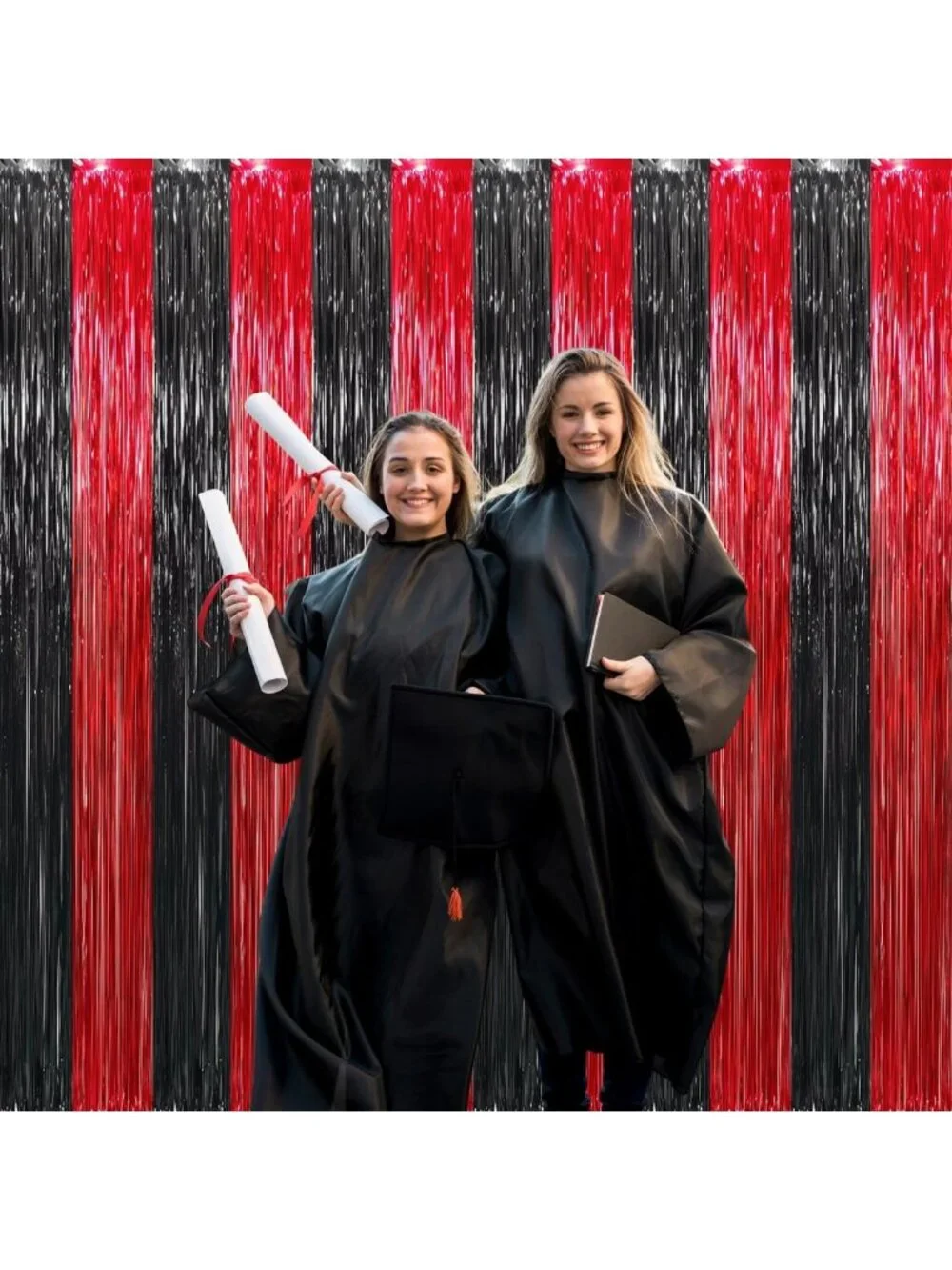 Metallic Tinsel Foil Fringe Curtains - 4 Pcs Black & Red Backdrop for Parties